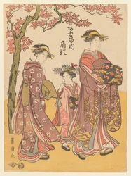 La cortesana Ogino de la Casa de Té Ogiya con dos asistentes